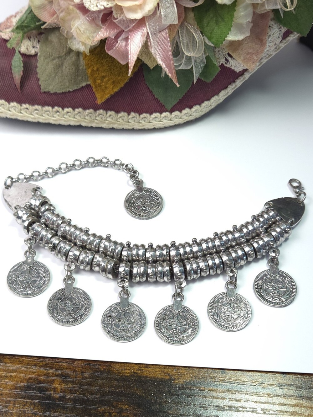 Vintage Ottoman Turkish Coin Silver Tone Bracelet Heavy Statement Bracelet 7-10"